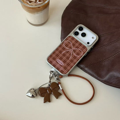 Plaid Bow Design iPhone Case with Wrist Strap and Charm