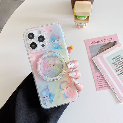 Cute Pastel Cartoon iPhone Case with Ring Holder and Protective Frame