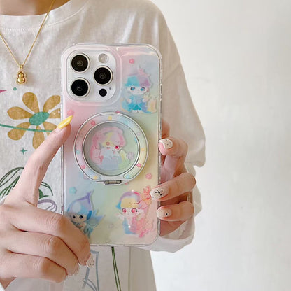 Cute Pastel Cartoon iPhone Case with Ring Holder and Protective Frame
