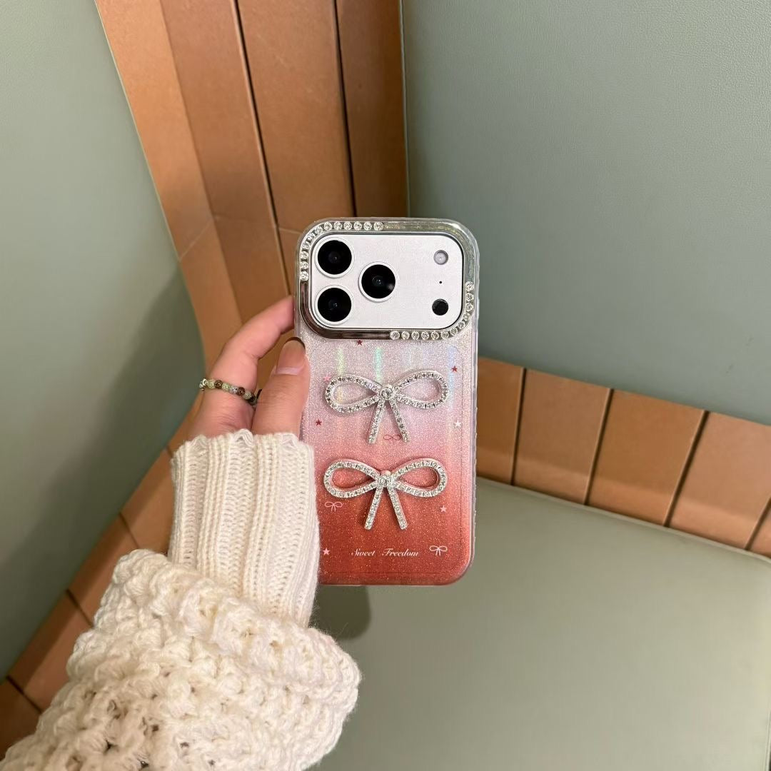 Glitter Bow Gradient Protective Phone Case with Rhinestone Camera Border