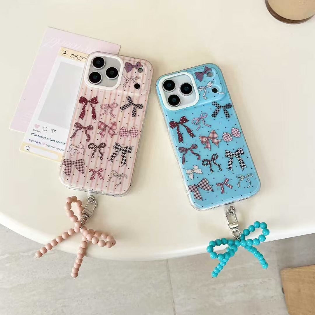 Bow Pattern iPhone Case with Beaded Charm and Protective Frame