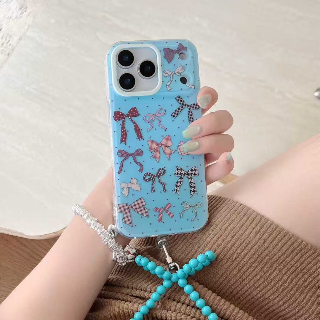 Bow Pattern iPhone Case with Beaded Charm and Protective Frame