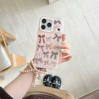 Bow Pattern iPhone Case with Beaded Charm and Protective Frame