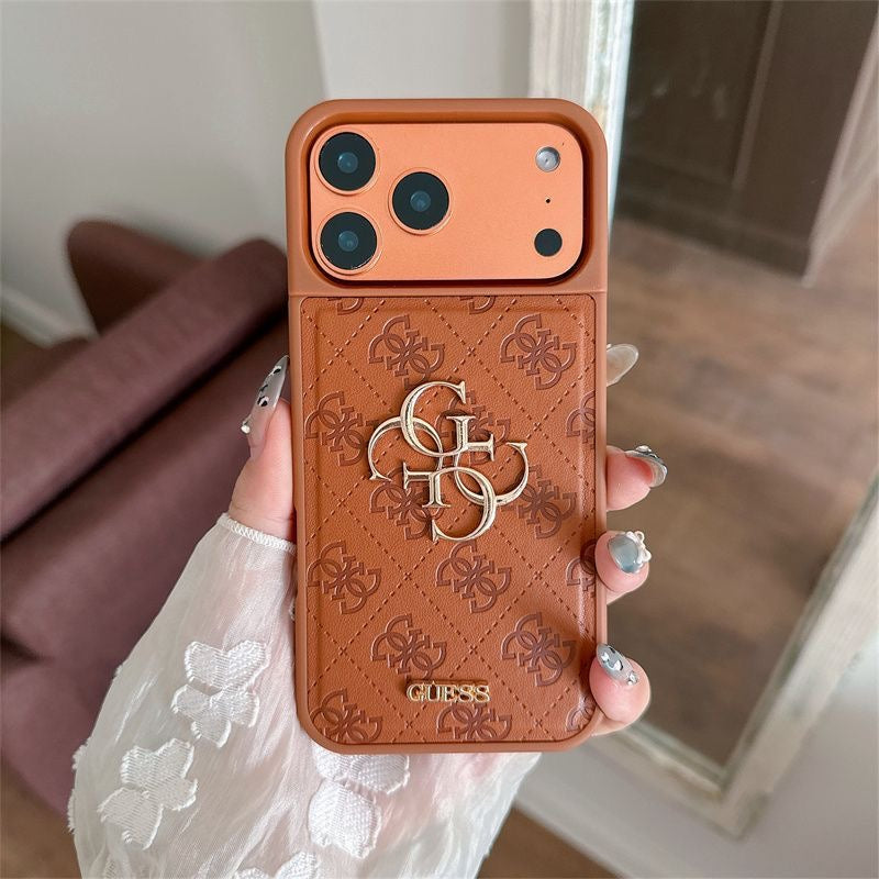 Luxury Leather Logo iPhone Case with 3D Metal Emblem | Premium Shockproof Protective Cover for iPhone