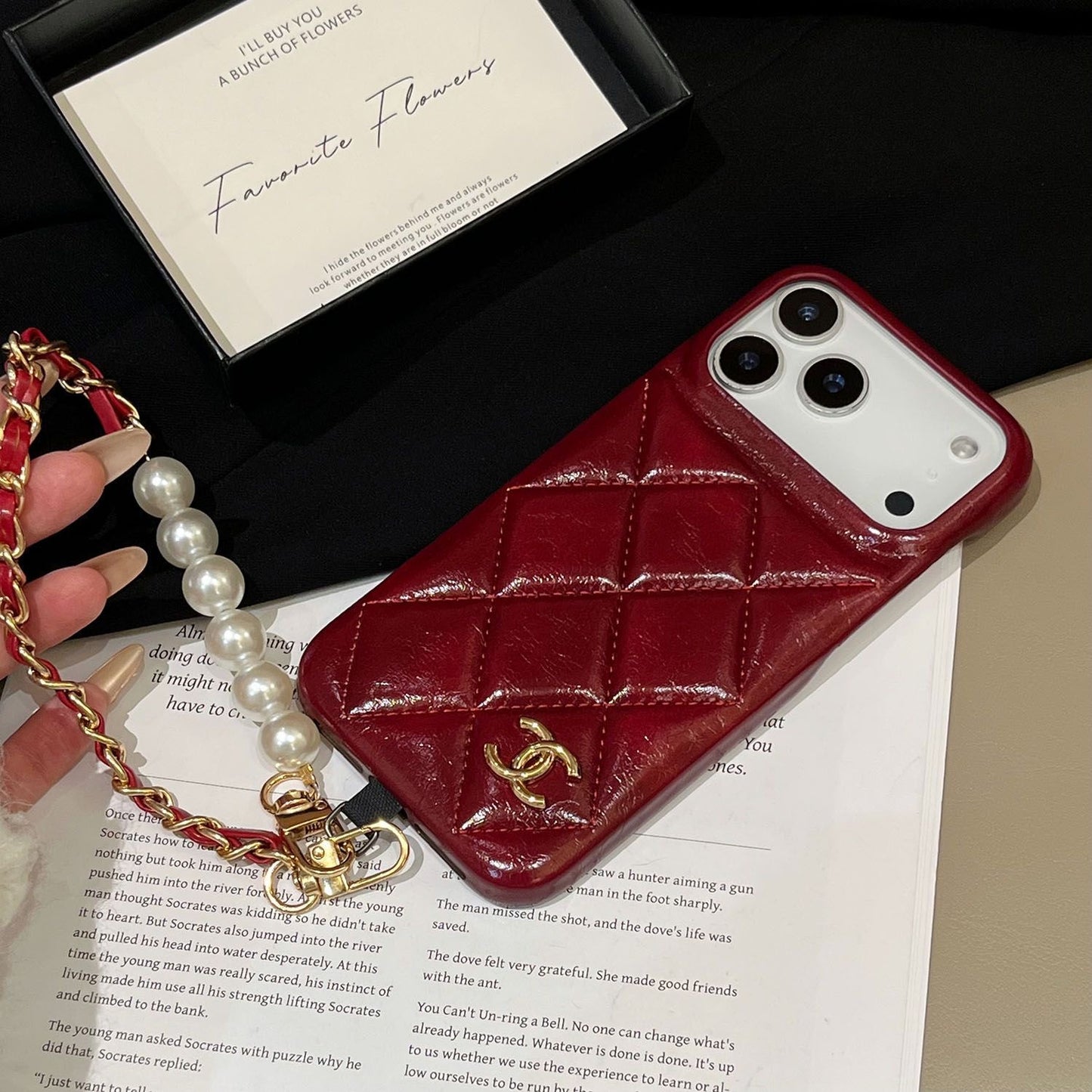 Black Quilted Wallet Bow Pattern iPhone Case with Beaded Charm and Protective FramePhone Case with Pearl Chain Strap