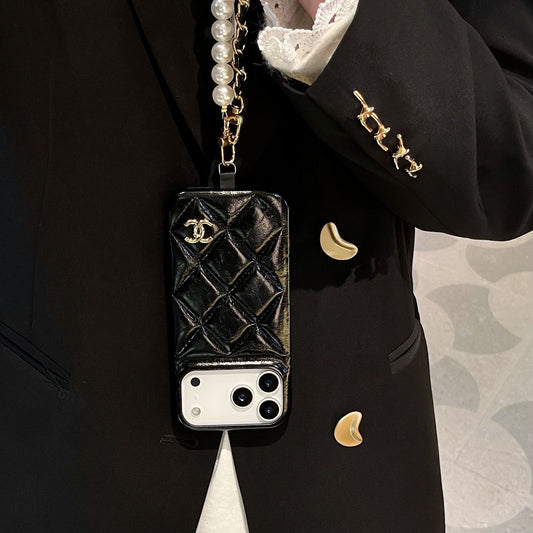 Black Quilted Wallet Bow Pattern iPhone Case with Beaded Charm and Protective FramePhone Case with Pearl Chain Strap