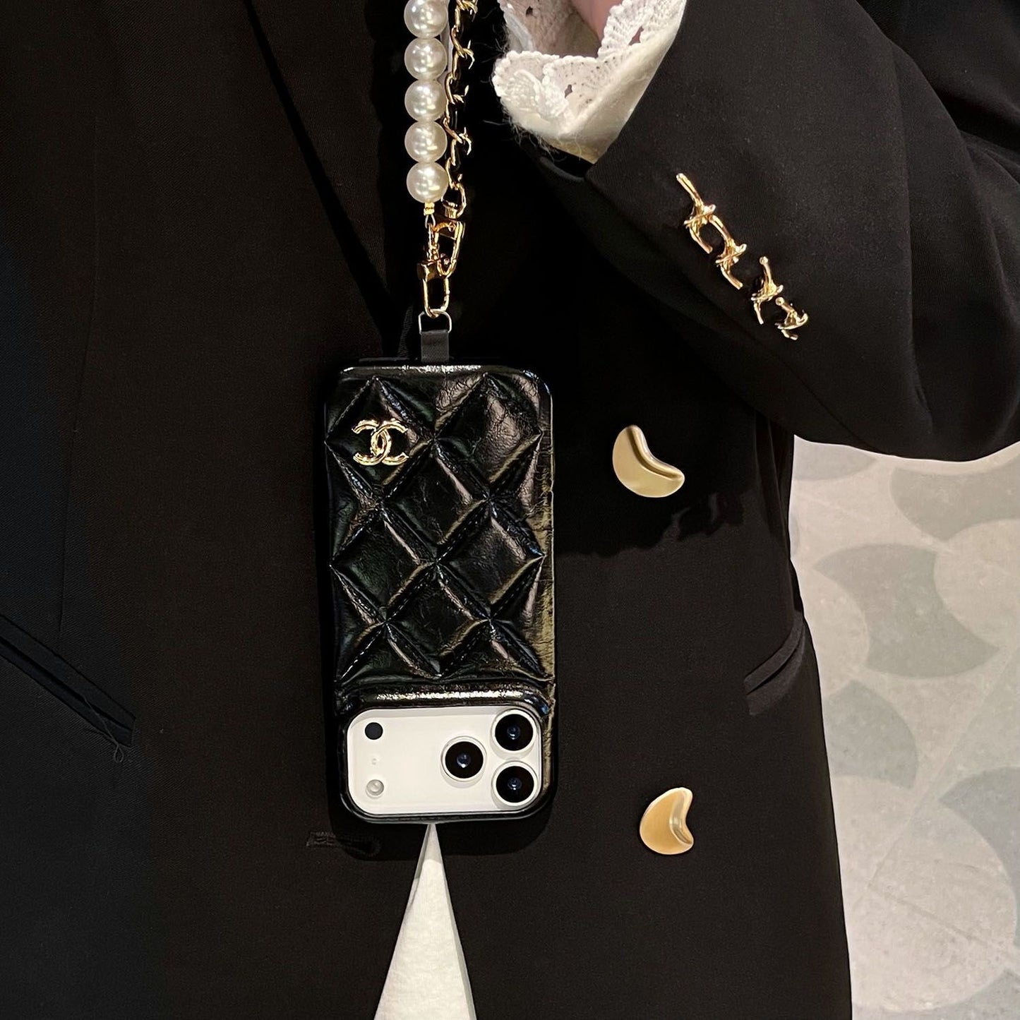 Black Quilted Wallet Bow Pattern iPhone Case with Beaded Charm and Protective FramePhone Case with Pearl Chain Strap