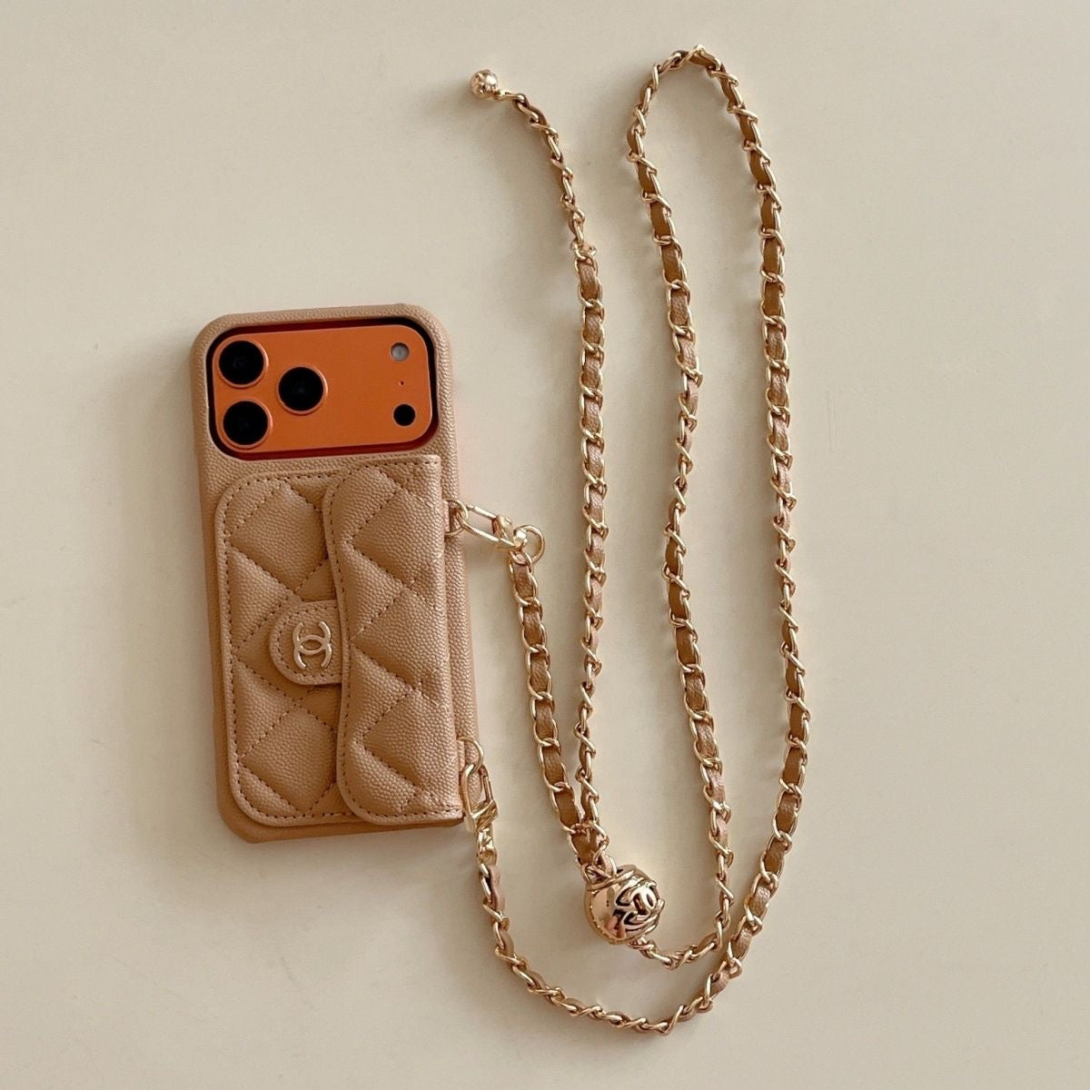 Quilted Wallet Phone Case with Chain Strap and Card Holder