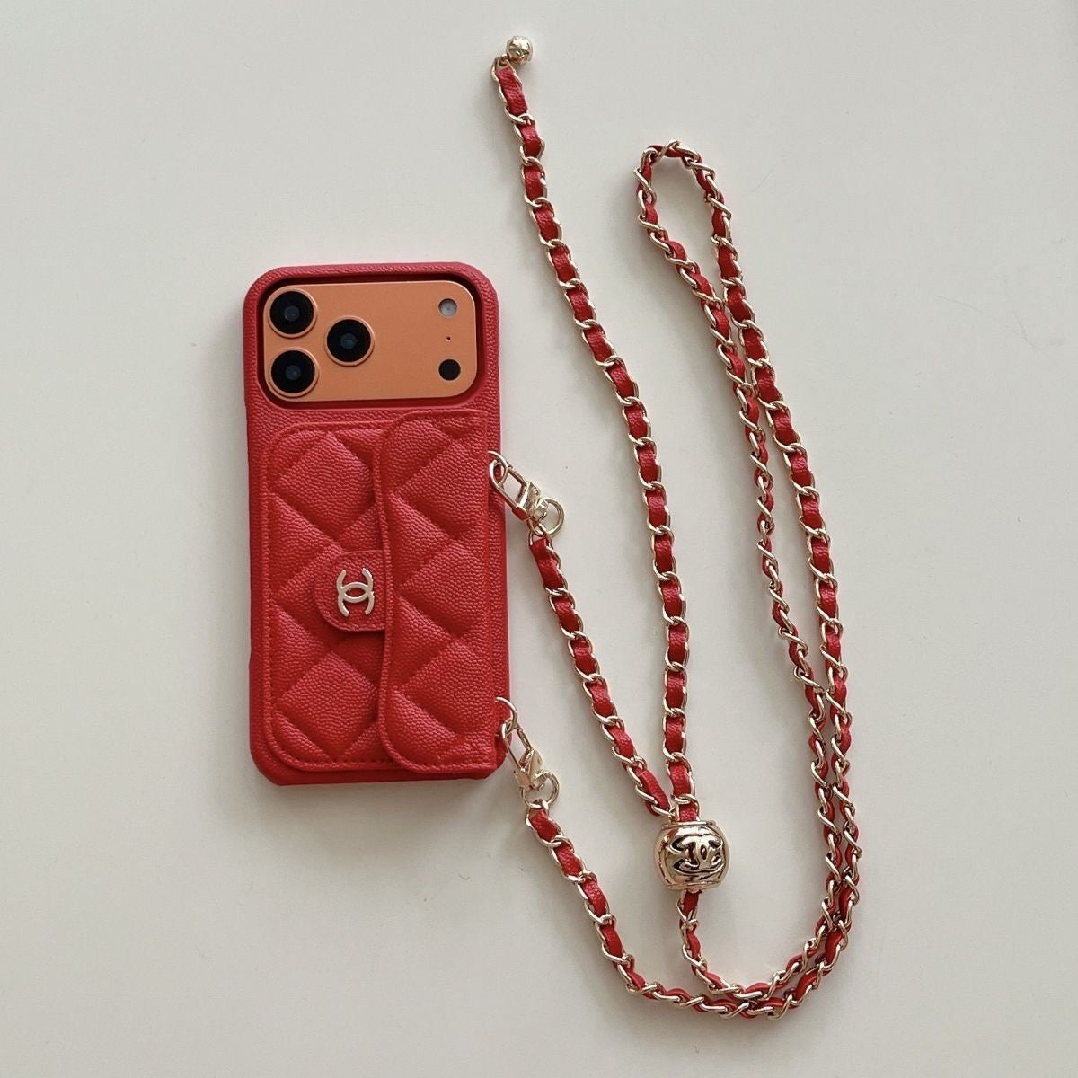 Quilted Wallet Phone Case with Chain Strap and Card Holder