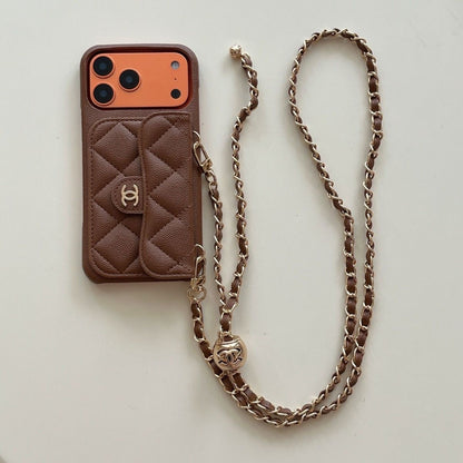 Quilted Wallet Phone Case with Chain Strap and Card Holder