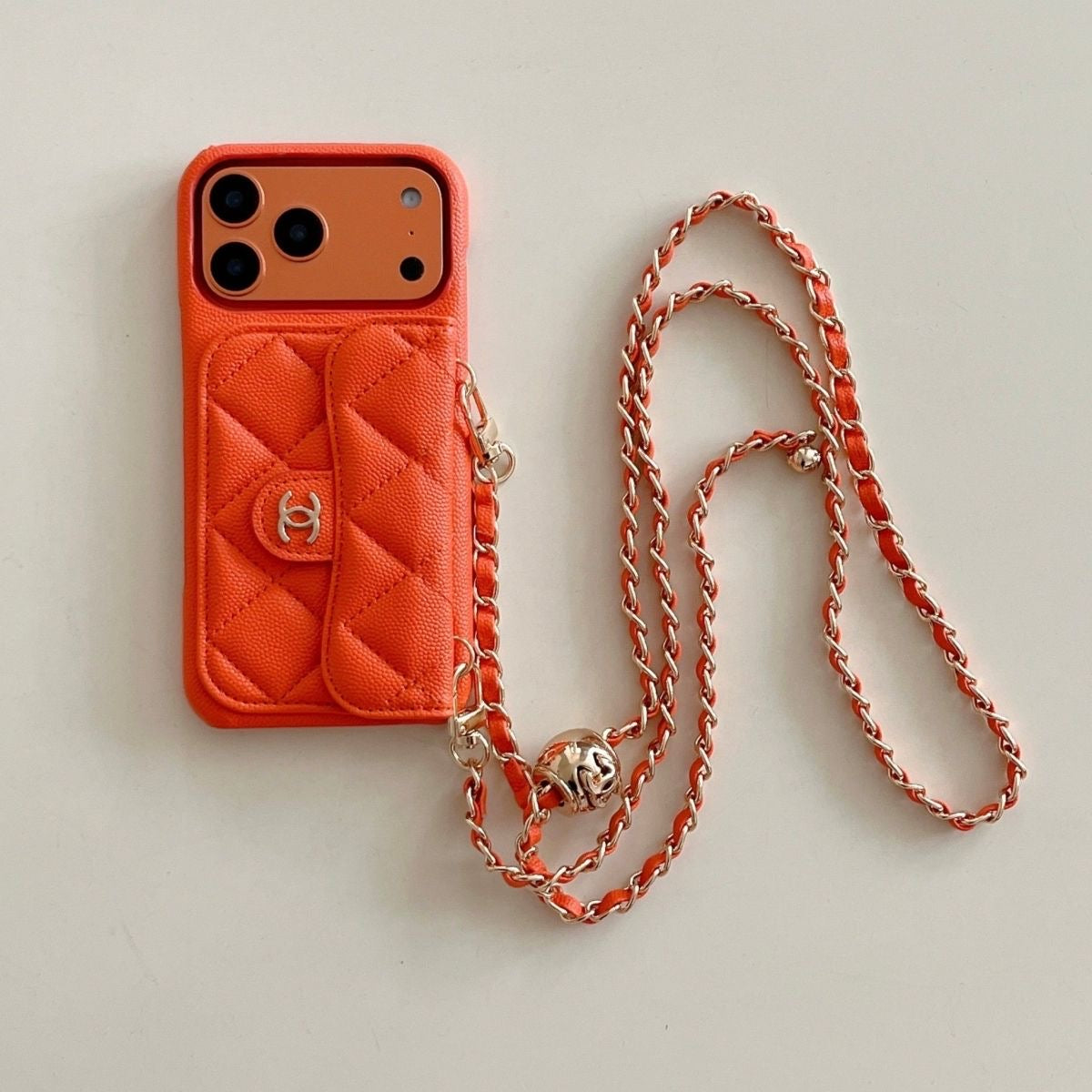 Quilted Wallet Phone Case with Chain Strap and Card Holder