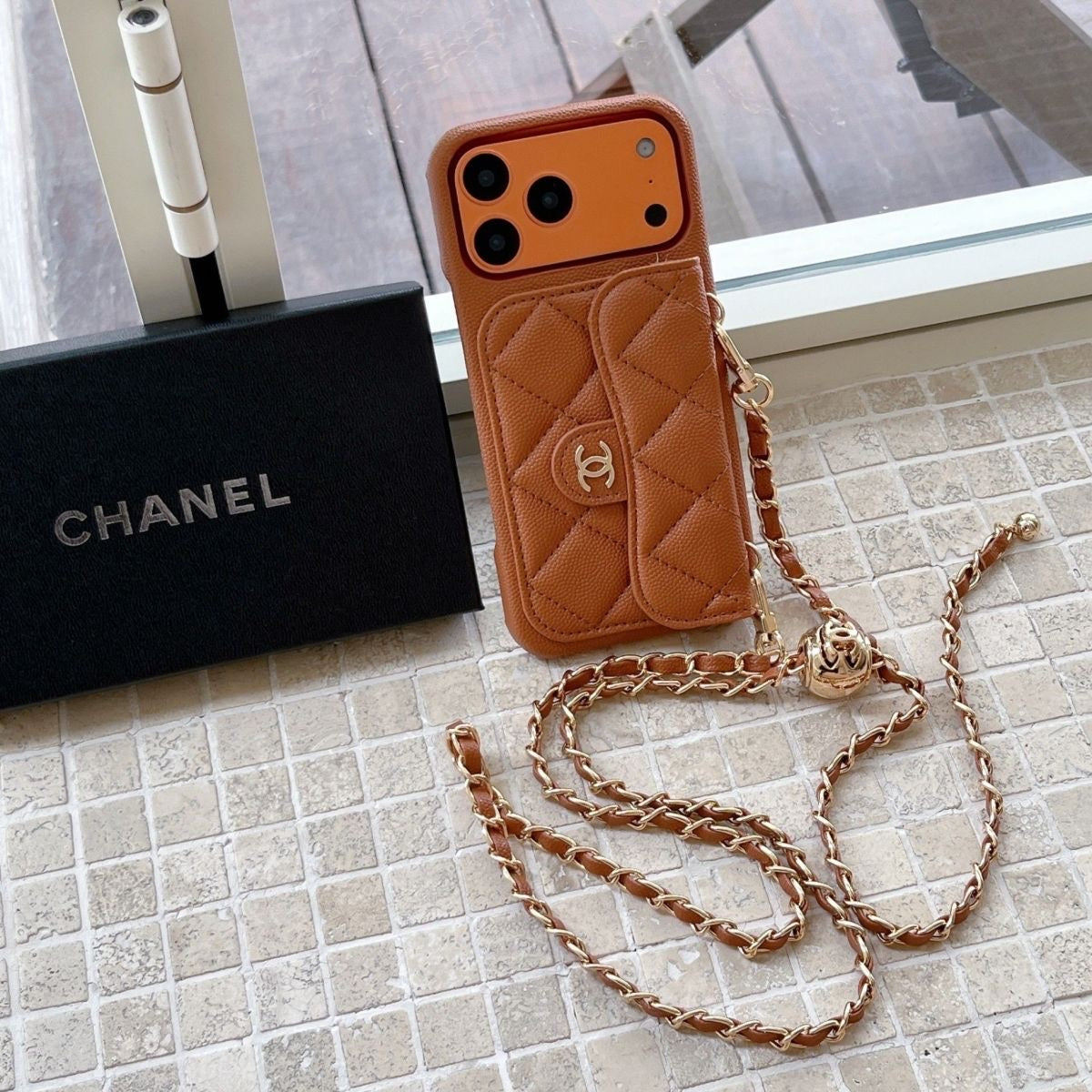 Quilted Wallet Phone Case with Chain Strap and Card Holder