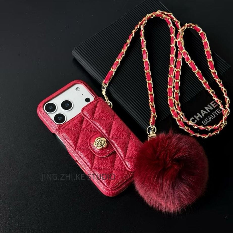 Brown Leather Wallet Phone Case with Chain Strap