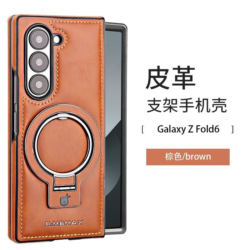 Leather Protective Case for Galaxy Z Fold 6 with Built-In Ring Kickstand