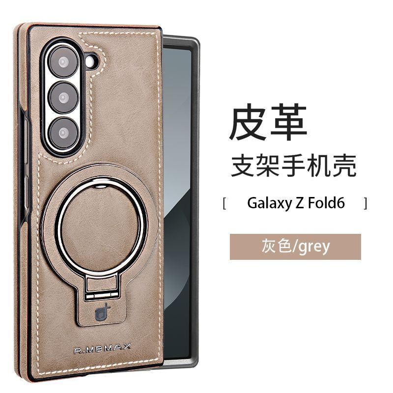 Leather Protective Case for Galaxy Z Fold 6 with Built-In Ring Kickstand