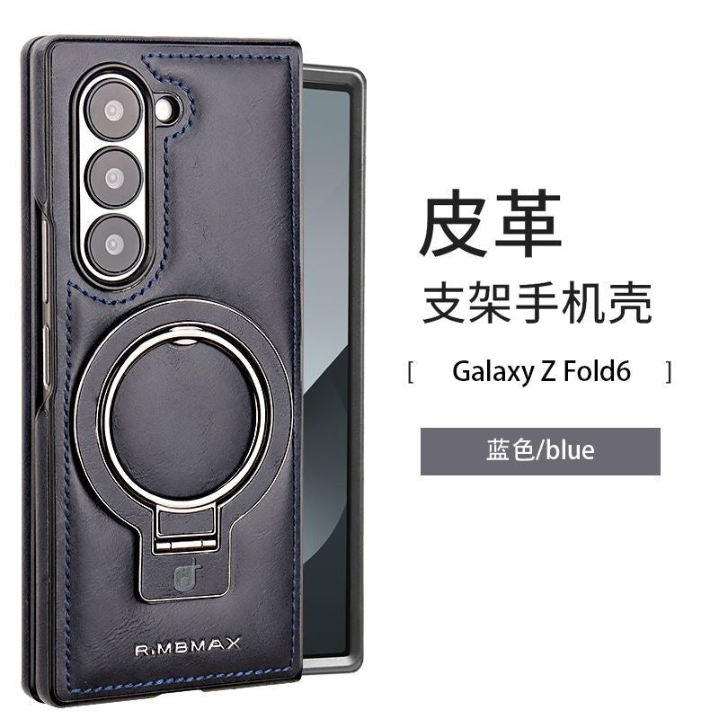Leather Protective Case for Galaxy Z Fold 6 with Built-In Ring Kickstand