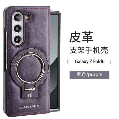 Leather Protective Case for Galaxy Z Fold 6 with Built-In Ring Kickstand