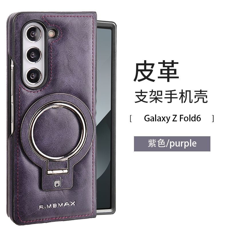 Leather Protective Case for Galaxy Z Fold 6 with Built-In Ring Kickstand