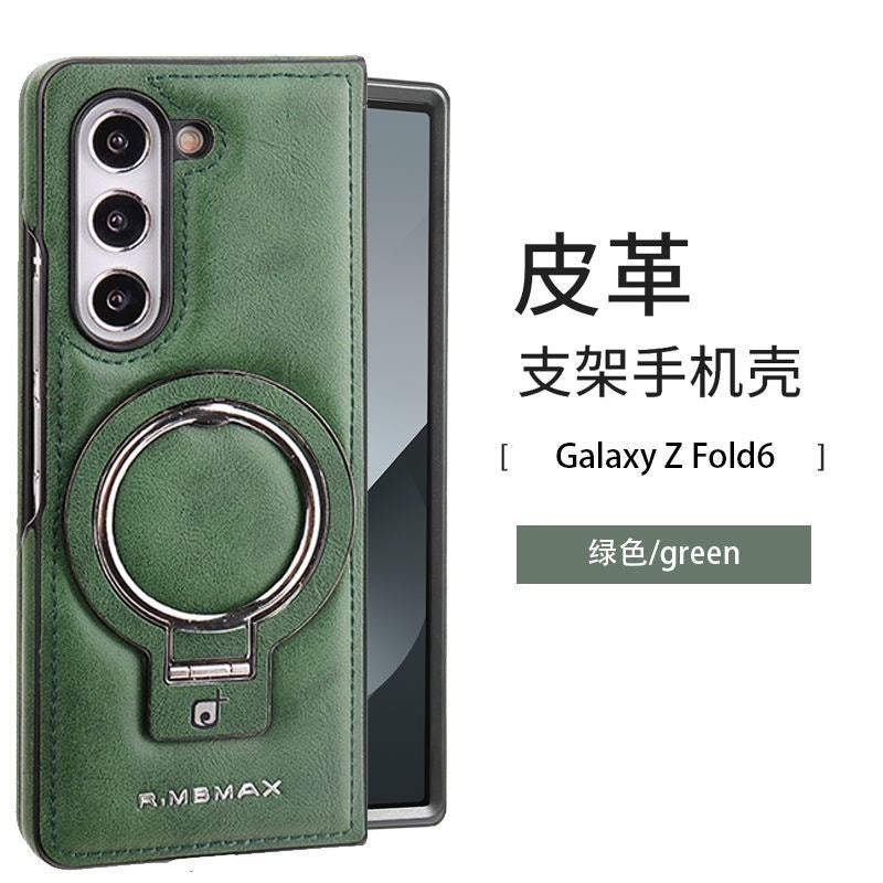 Leather Protective Case for Galaxy Z Fold 6 with Built-In Ring Kickstand