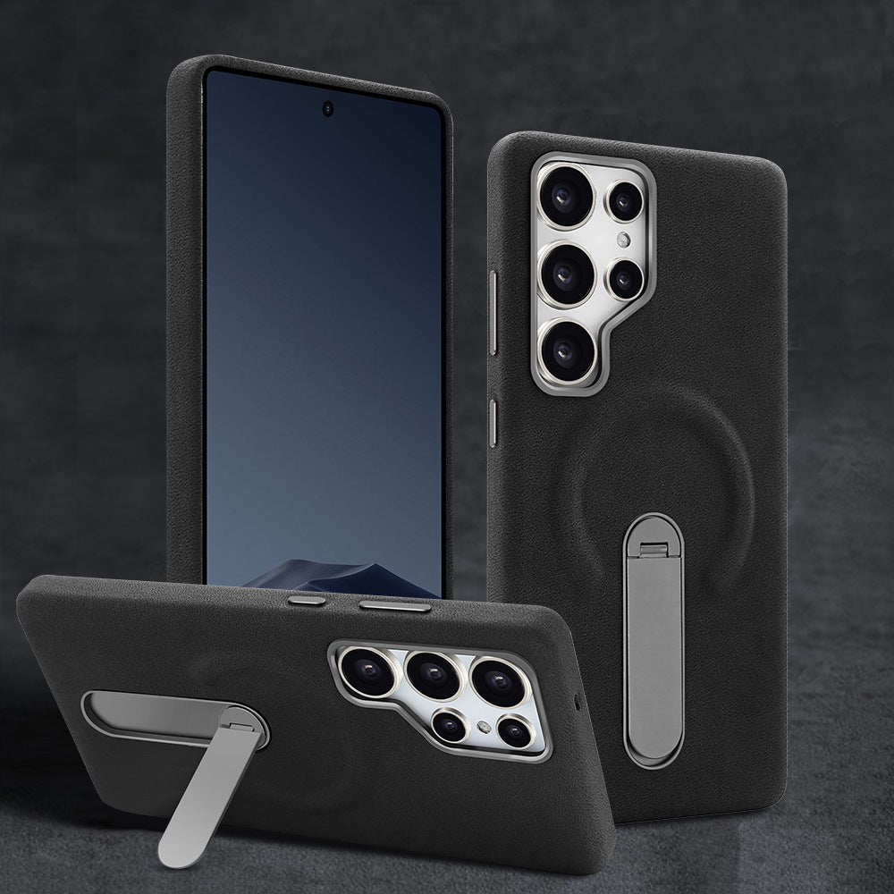 Premium Leather Finish Back Cover with Built-in Kickstand for Smartphone