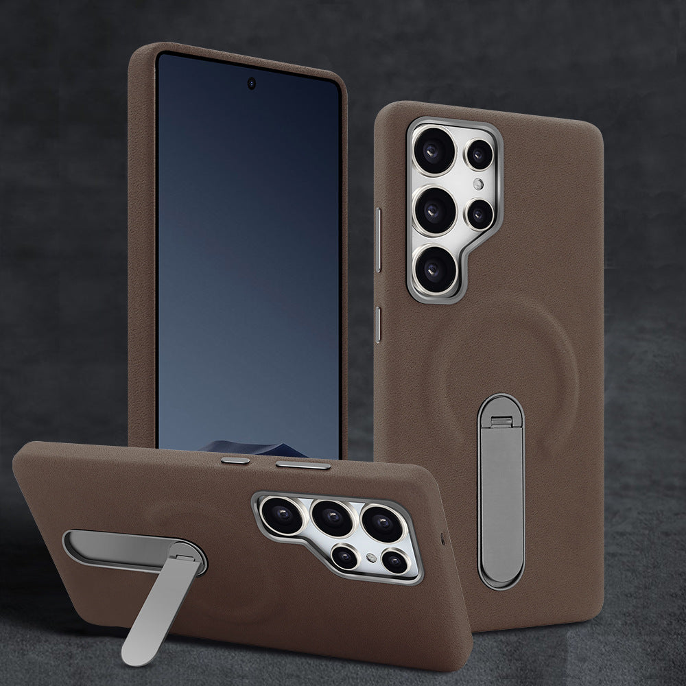 Premium Leather Finish Back Cover with Built-in Kickstand for Smartphone