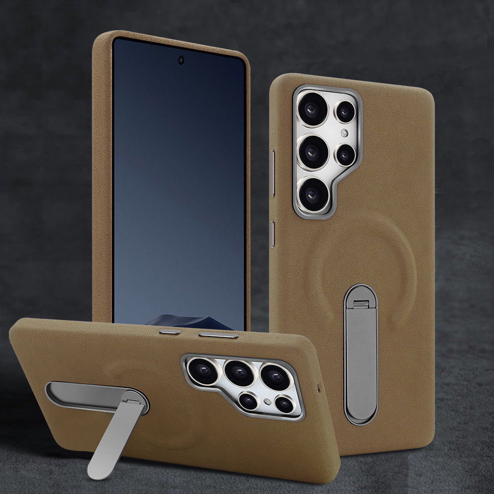 Premium Leather Finish Back Cover with Built-in Kickstand for Smartphone