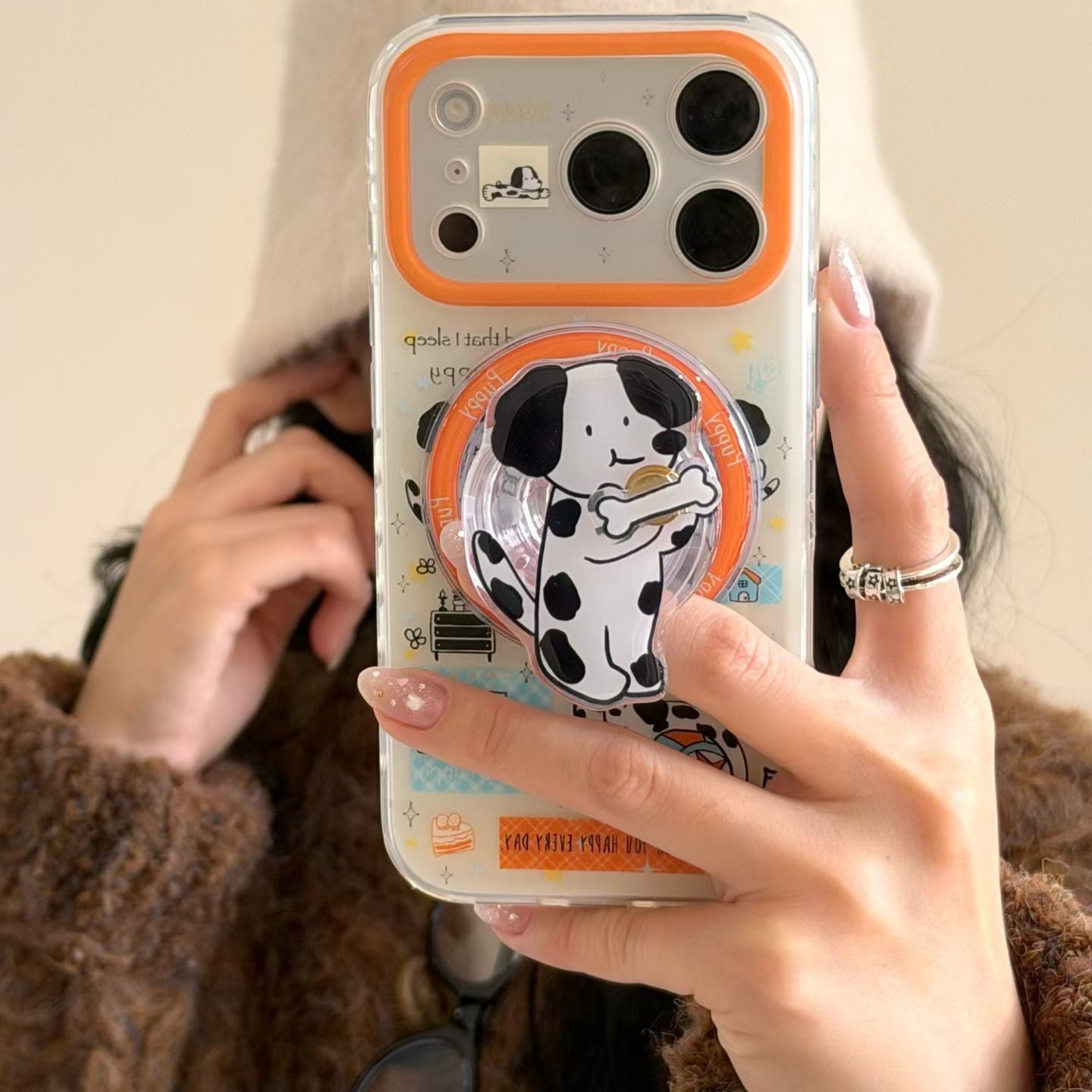 Cute Cartoon Cat & Dog Transparent Phone Case with Grip Ring