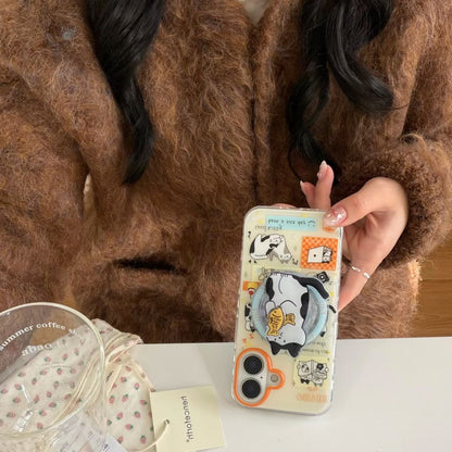 Cute Cartoon Cat & Dog Transparent Phone Case with Grip Ring