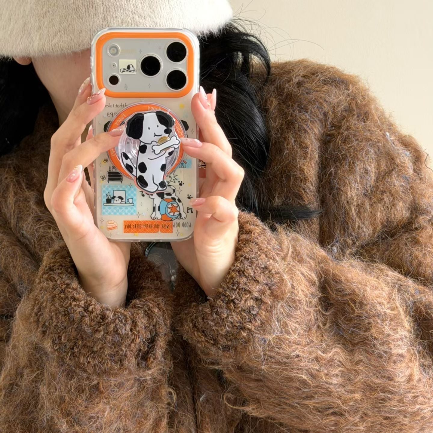 Cute Cartoon Cat & Dog Transparent Phone Case with Grip Ring