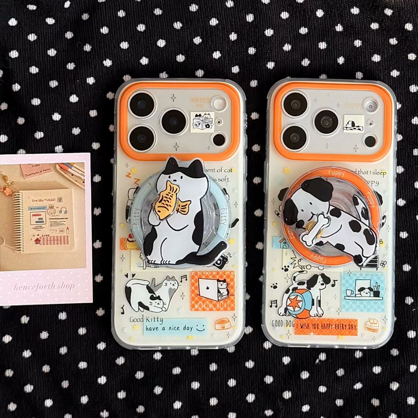 Cute Cartoon Cat & Dog Transparent Phone Case with Grip Ring
