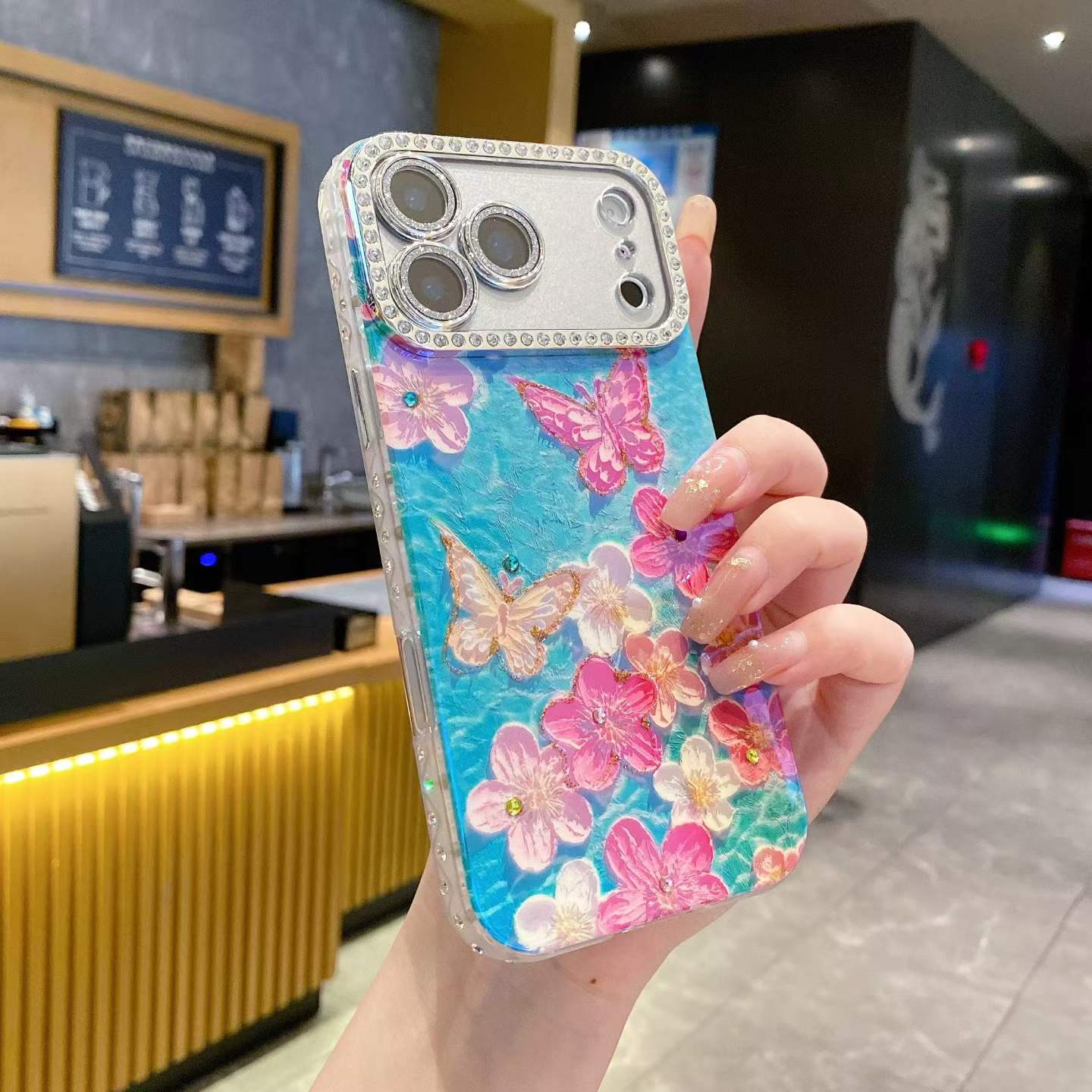 Blue Floral Butterfly Rhinestone iPhone Case – Luxury Crystal Camera Frame Cover