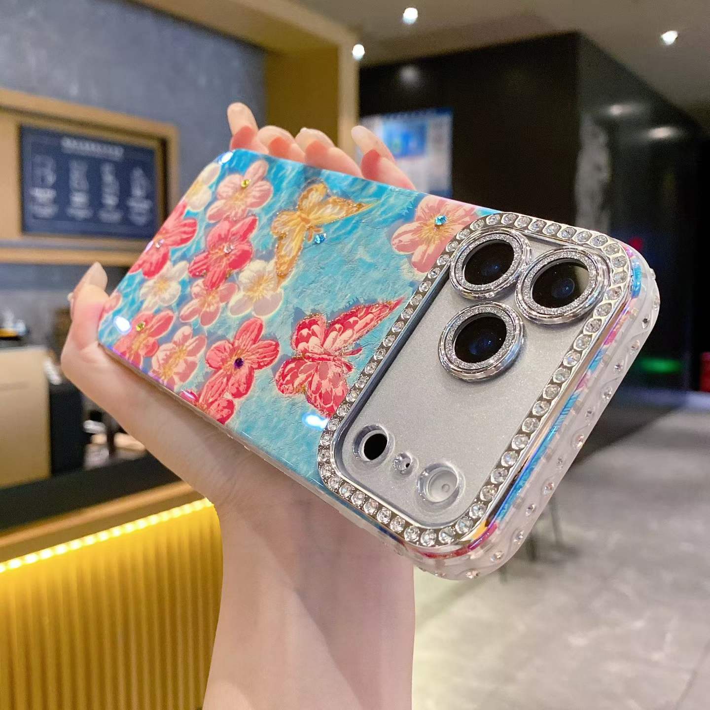 Blue Floral Butterfly Rhinestone iPhone Case – Luxury Crystal Camera Frame Cover
