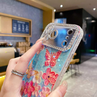 Blue Floral Butterfly Rhinestone iPhone Case – Luxury Crystal Camera Frame Cover