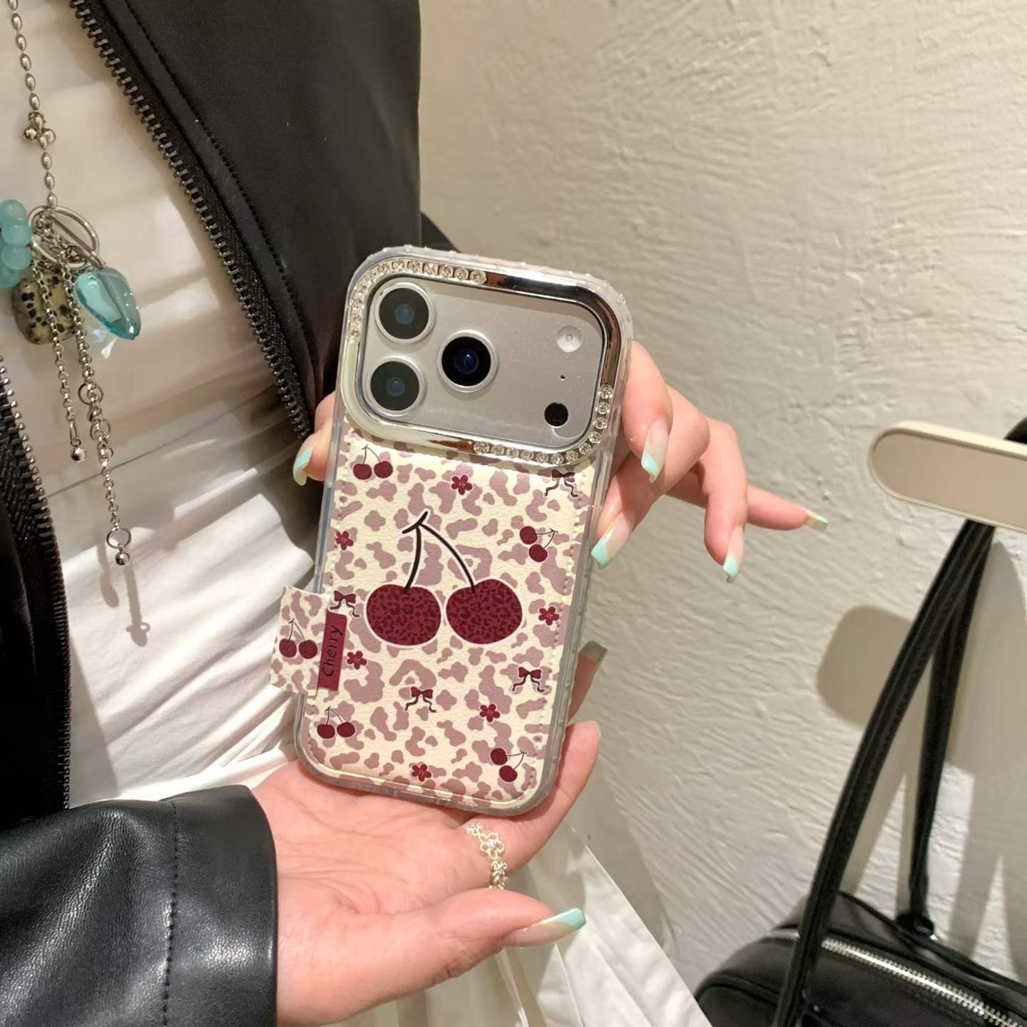 Cherry Print Clear Back Cover with Card Holder Compatible with iPhone Models