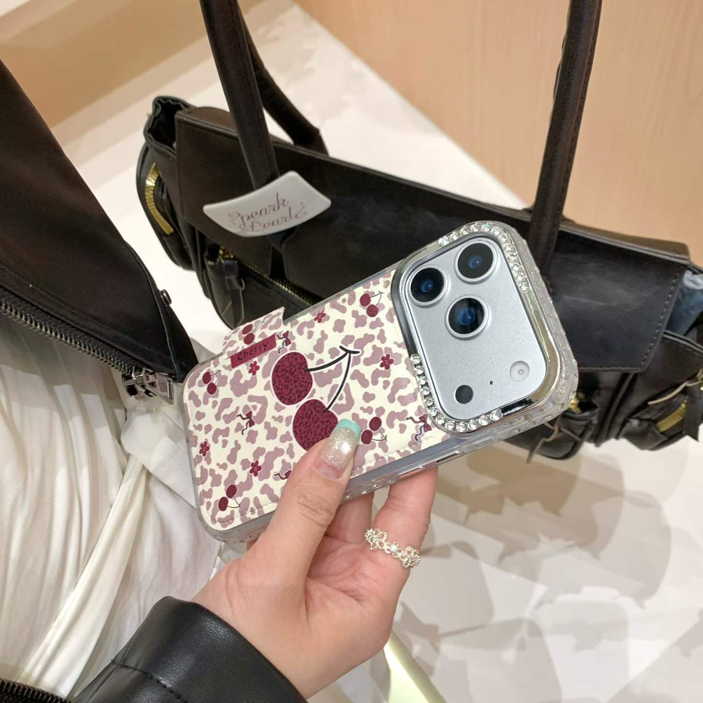 Cherry Print Clear Back Cover with Card Holder Compatible with iPhone Models