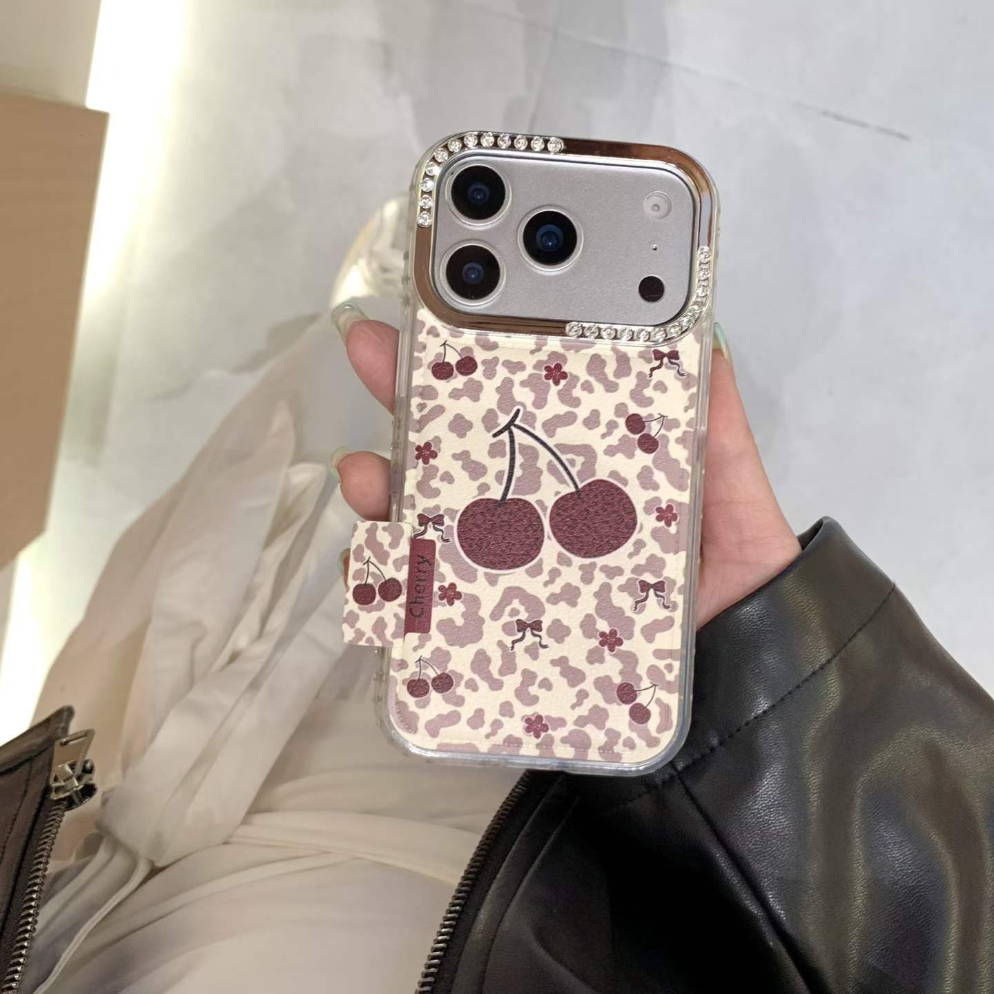 Cherry Print Clear Back Cover with Card Holder Compatible with iPhone Models