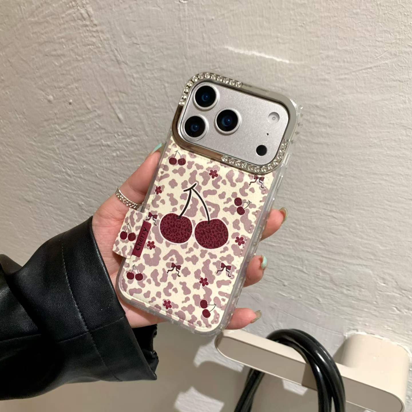 Cherry Print Clear Back Cover with Card Holder Compatible with iPhone Models