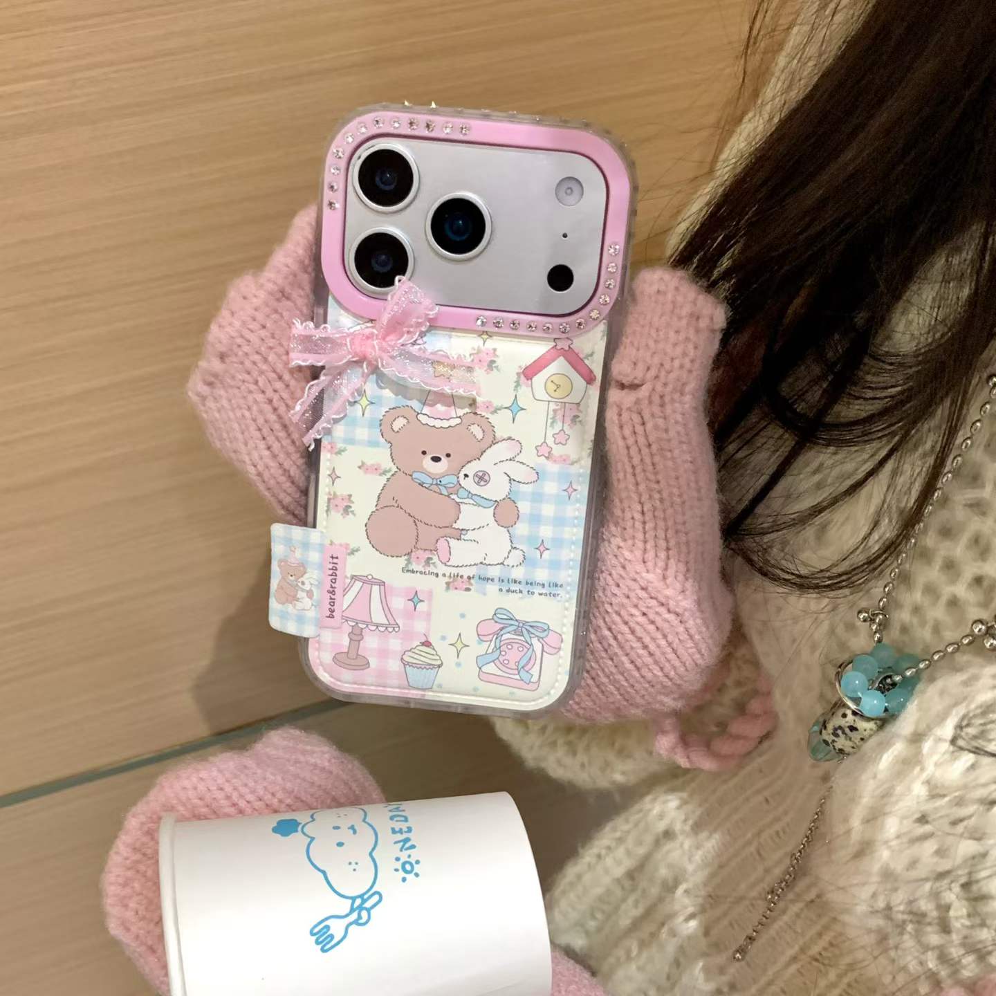 Cute Teddy & Bunny Pastel Back Cover with Bow & Card Holder Compatible with iPhone Models