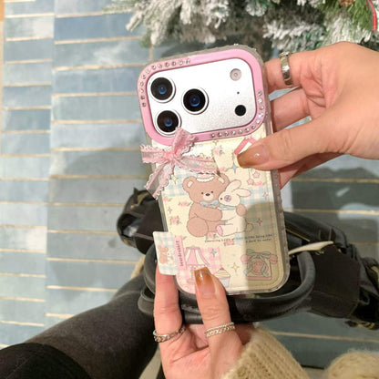 Cute Teddy & Bunny Pastel Back Cover with Bow & Card Holder Compatible with iPhone Models