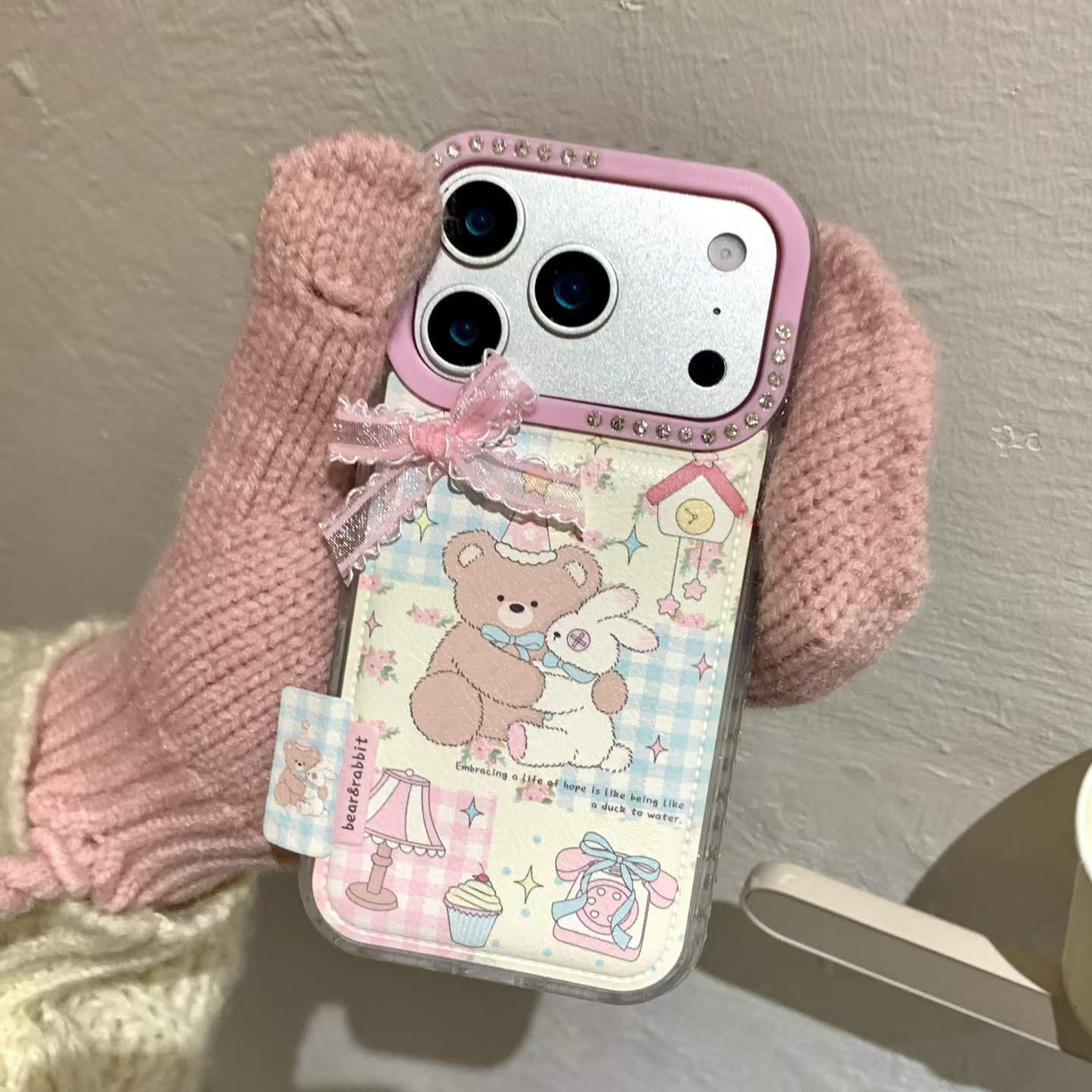 Cute Teddy & Bunny Pastel Back Cover with Bow & Card Holder Compatible with iPhone Models