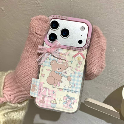 Cute Teddy & Bunny Pastel Back Cover with Bow & Card Holder Compatible with iPhone Models