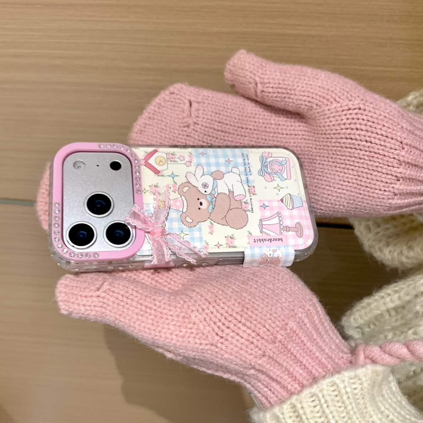 Cute Teddy & Bunny Pastel Back Cover with Bow & Card Holder Compatible with iPhone Models