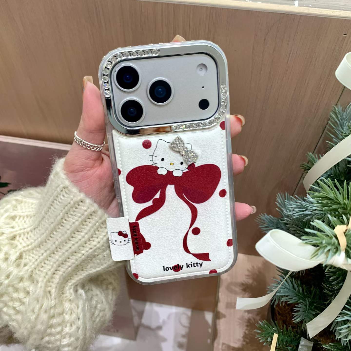 Cute Bow Kitty Back Cover with Card Holder & Crystal Camera Frame Compatible with iPhone Models