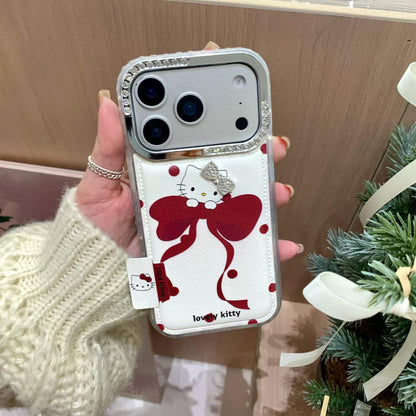 Cute Bow Kitty Back Cover with Card Holder & Crystal Camera Frame Compatible with iPhone Models
