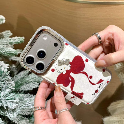 Cute Bow Kitty Back Cover with Card Holder & Crystal Camera Frame Compatible with iPhone Models