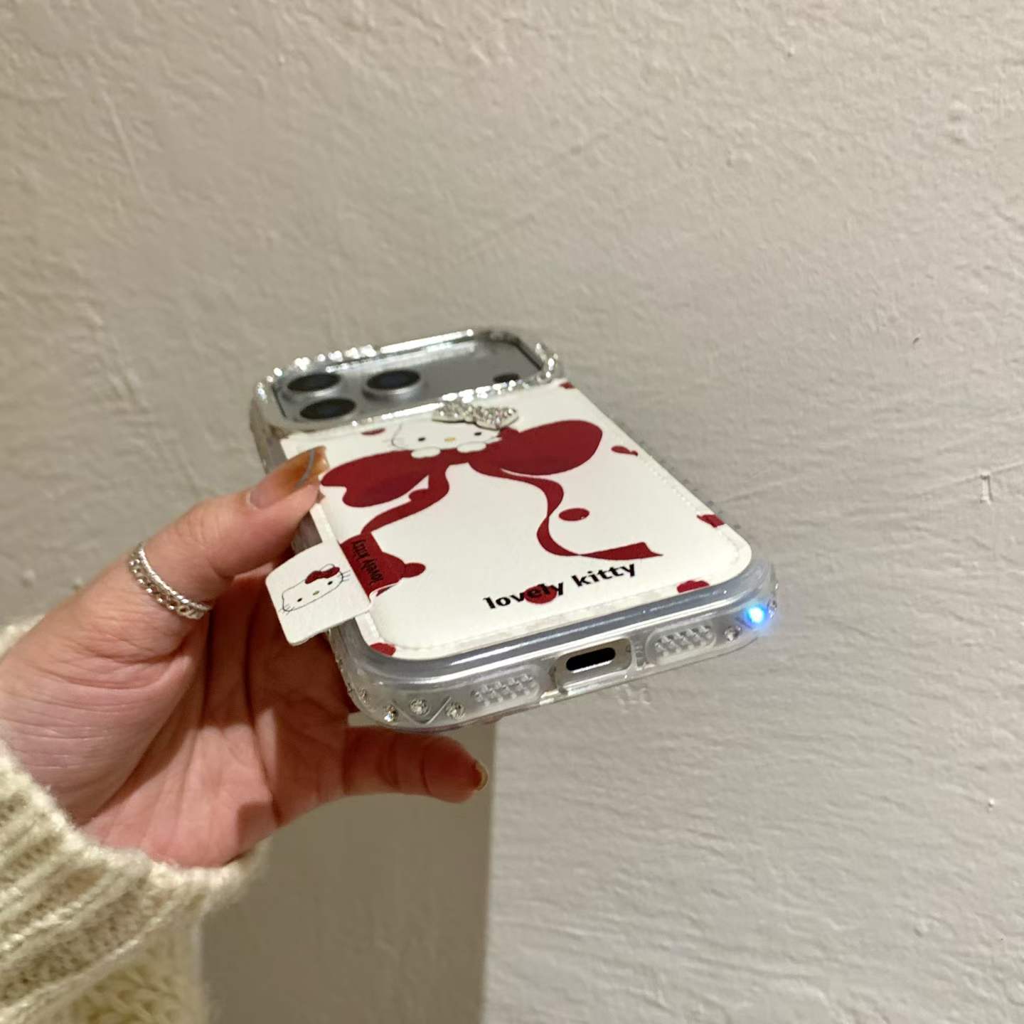 Cute Bow Kitty Back Cover with Card Holder & Crystal Camera Frame Compatible with iPhone Models