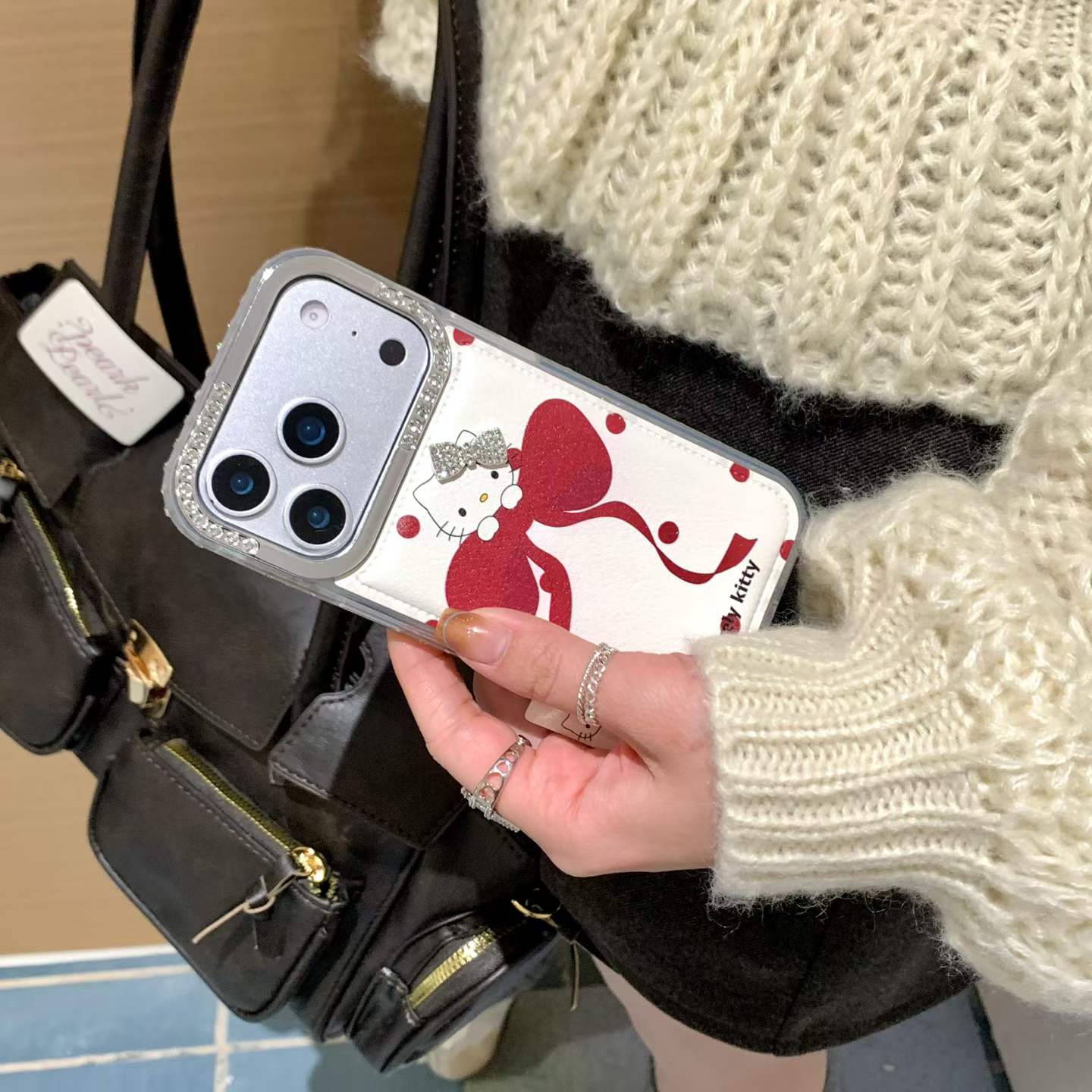 Cute Bow Kitty Back Cover with Card Holder & Crystal Camera Frame Compatible with iPhone Models