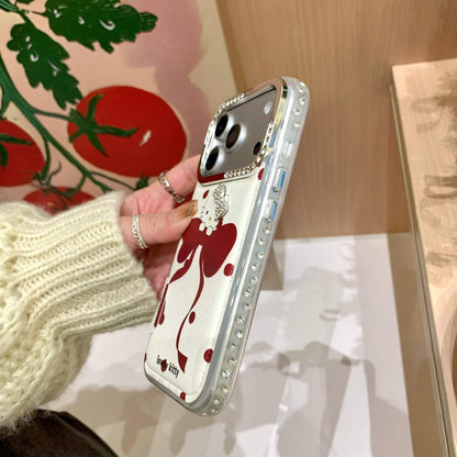 Cute Bow Kitty Back Cover with Card Holder & Crystal Camera Frame Compatible with iPhone Models