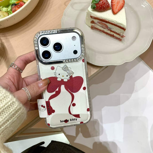 Cute Bow Kitty Back Cover with Card Holder & Crystal Camera Frame Compatible with iPhone Models