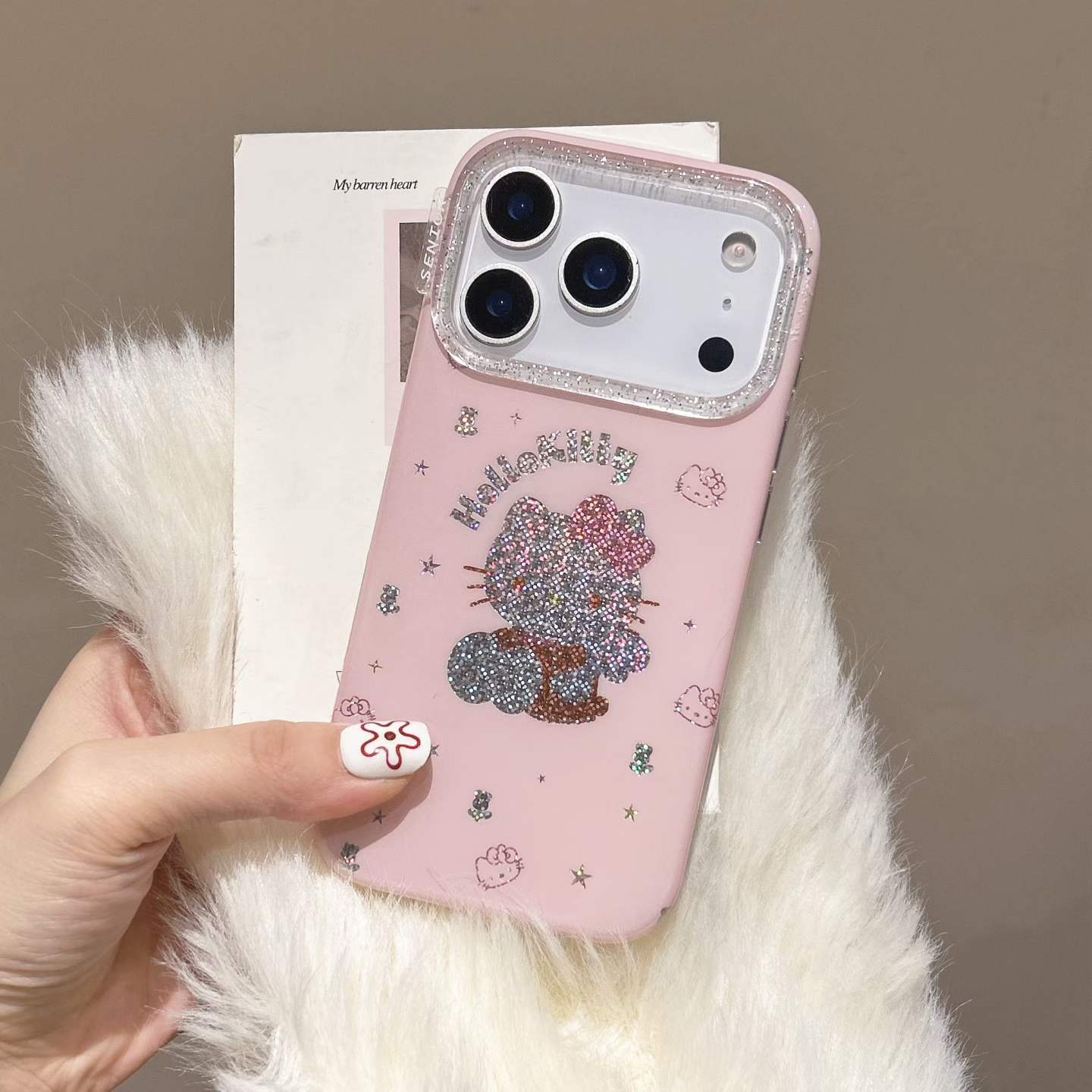 Cute Pink Glitter Cartoon Design Phone Case with Beaded Strap – Shockproof Protective Cover